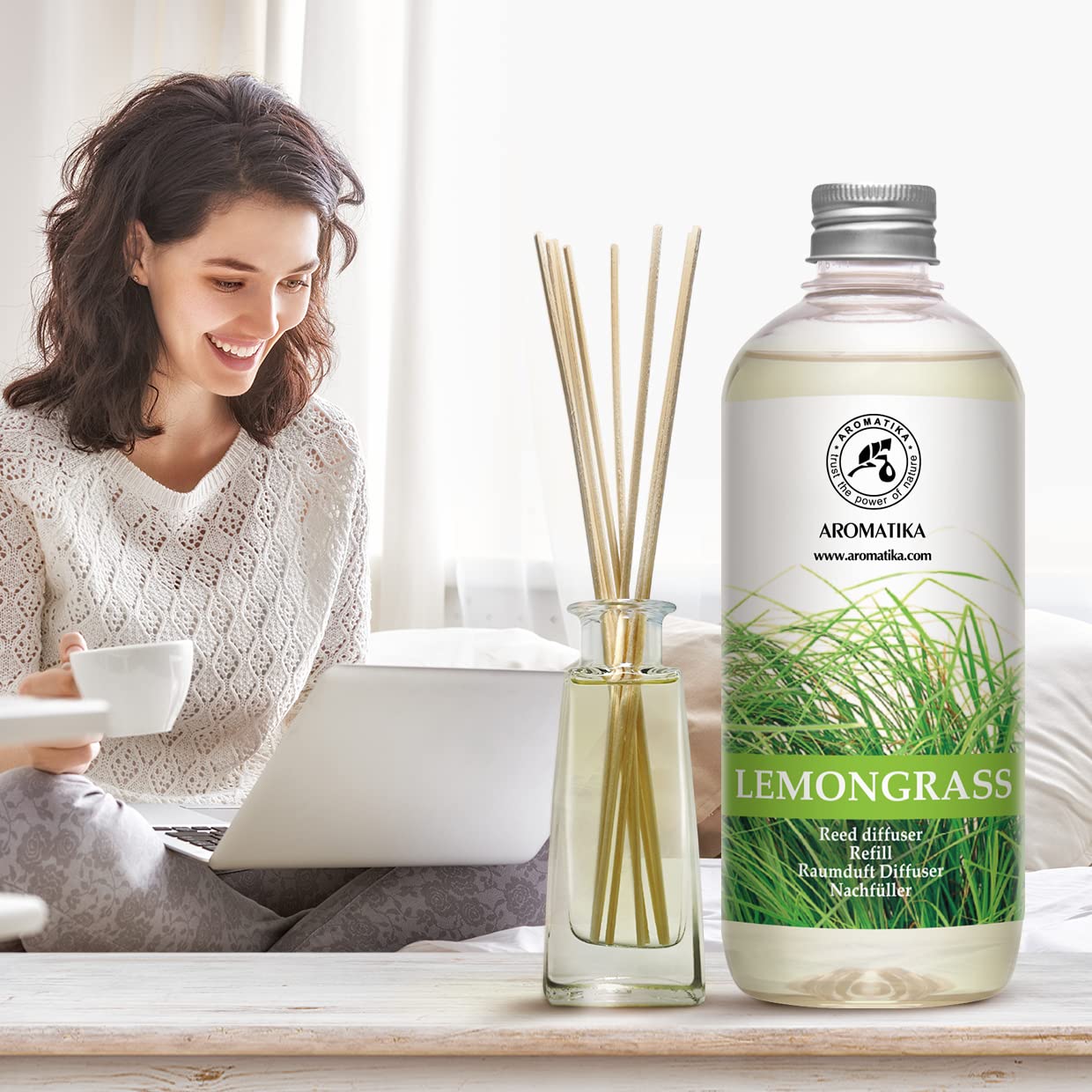 AROMATIKA Lemongrass diffuser refill on a kitchen table for everyday freshness