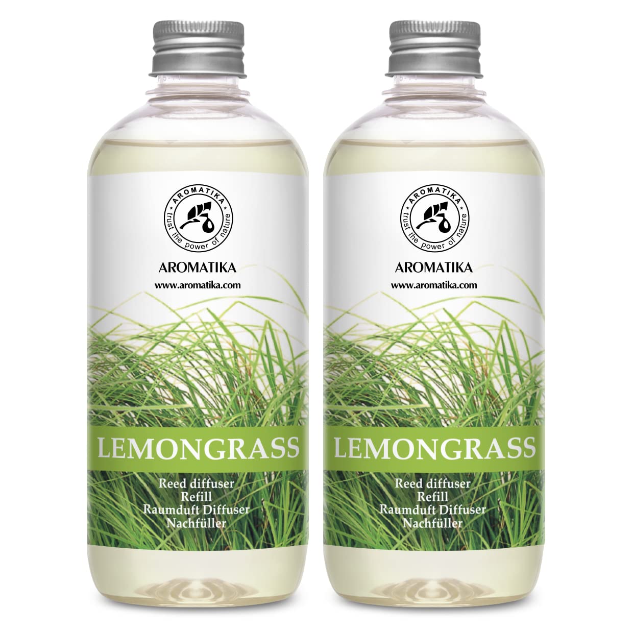 AROMATIKA lemongrass diffuser refill bottle front view shows pure fragrance for home use