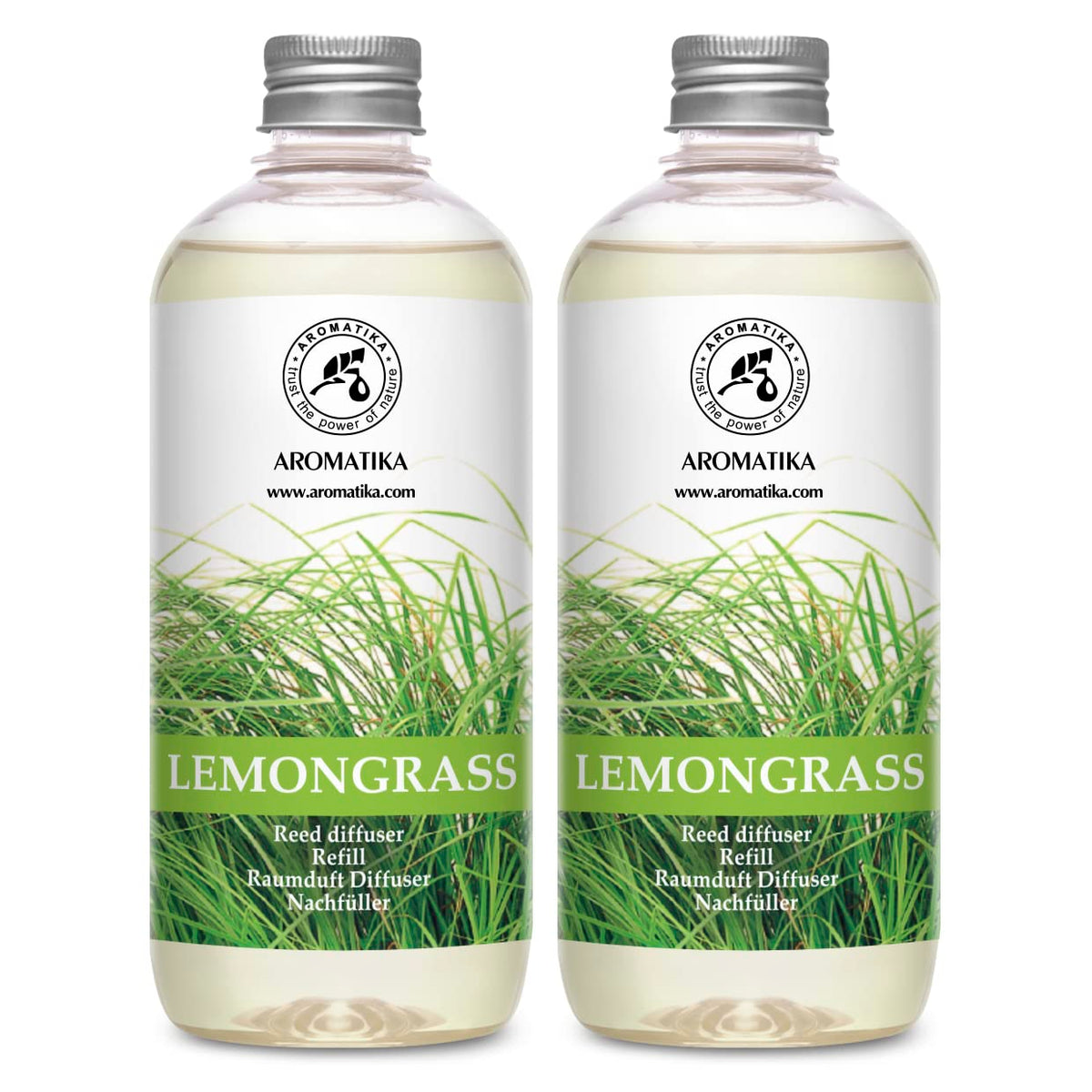 AROMATIKA lemongrass diffuser refill bottle front view shows pure fragrance for home use