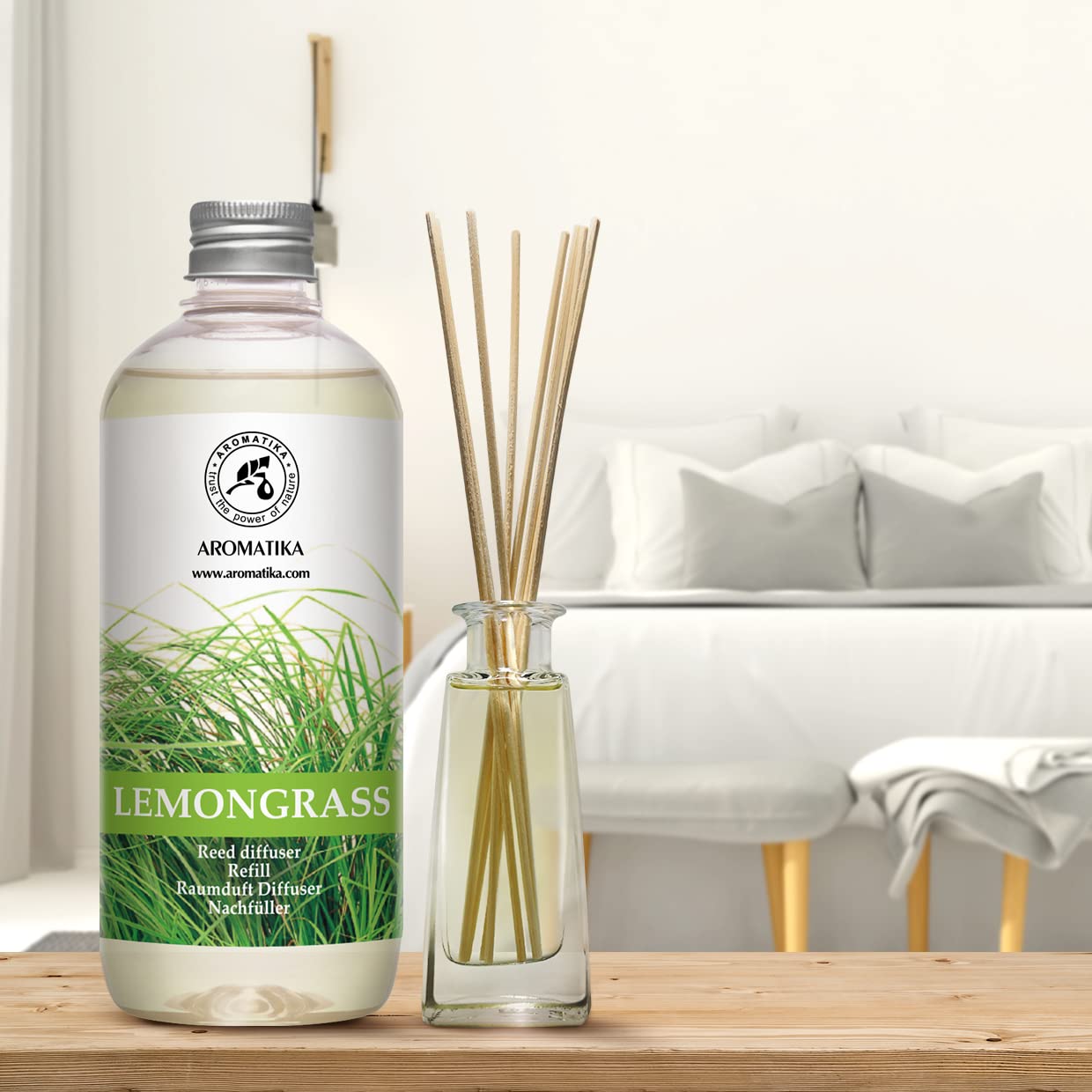 AROMATIKA Lemongrass diffuser refill label with scent notes and usage info