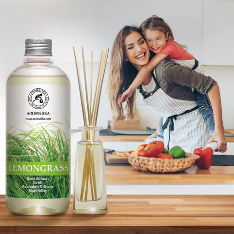 AROMATIKA lemongrass diffuser refill oil drop close-up conveying vibrant citrus notes