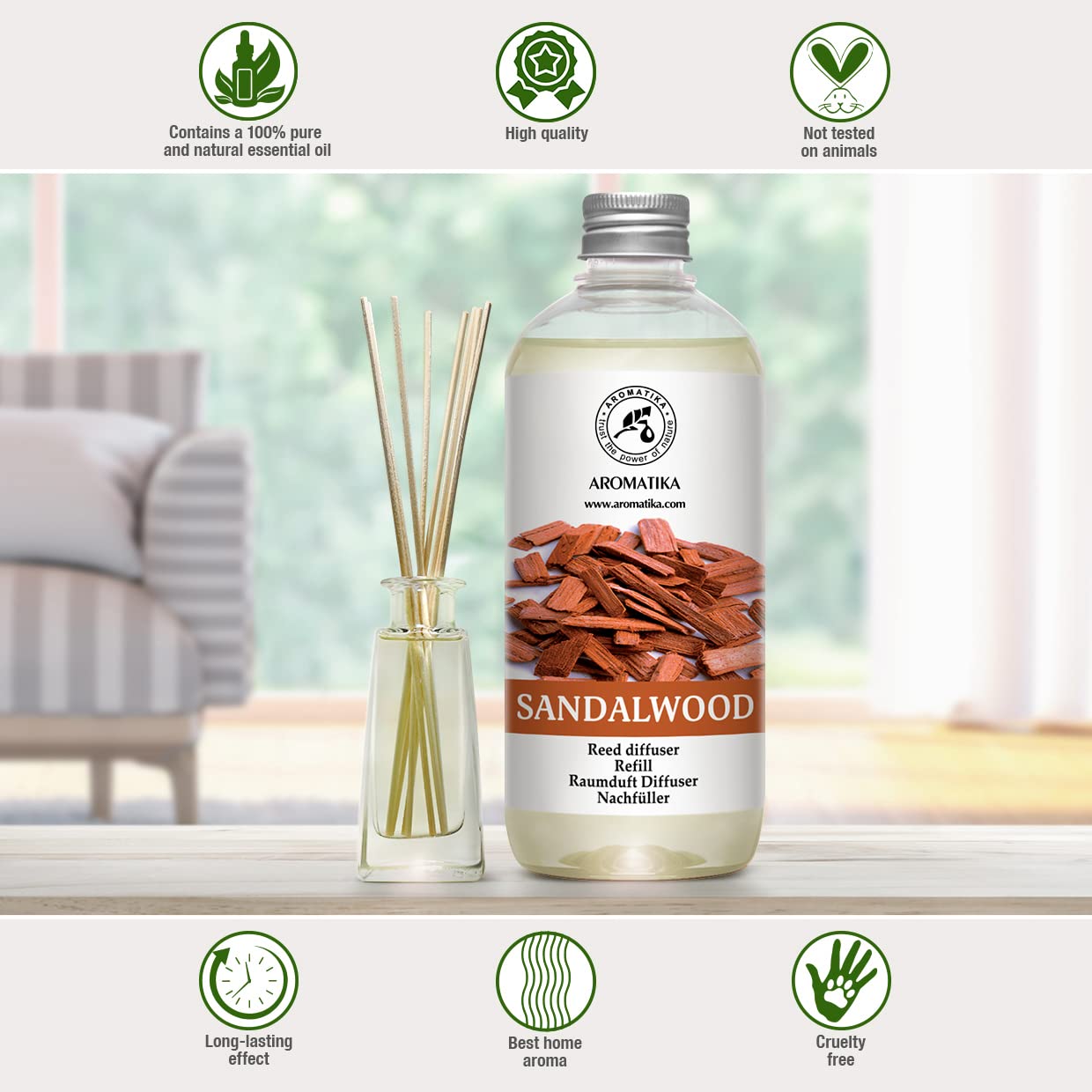 AROMATIKA sandalwood diffuser in basement adds warm, relaxing atmosphere.