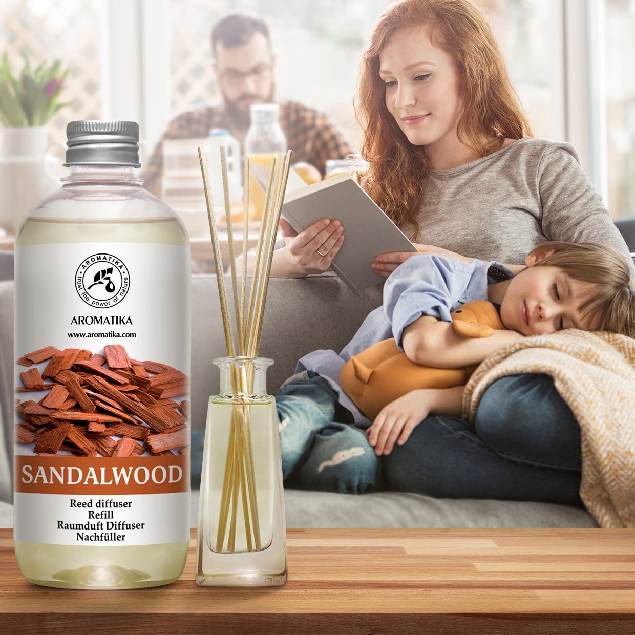 AROMATIKA sandalwood diffuser in living room enhances comfort.