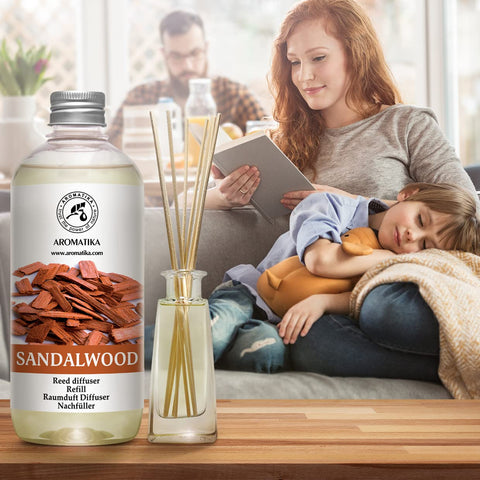 AROMATIKA sandalwood diffuser in living room enhances comfort.