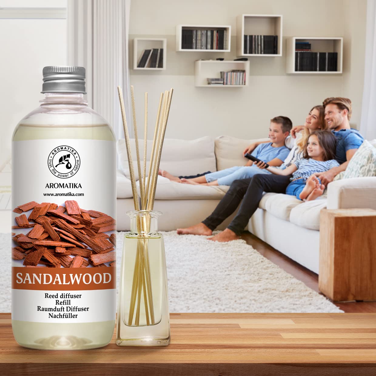 AROMATIKA sandalwood diffuser in powder room delivers subtle ambiance.