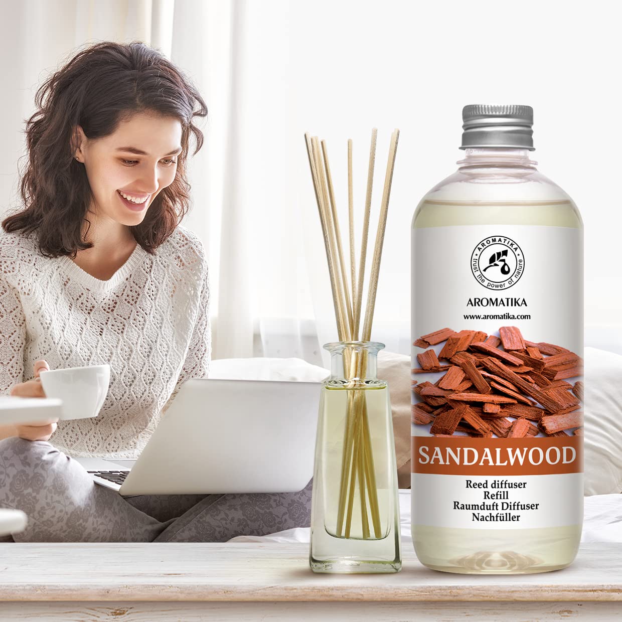 AROMATIKA sandalwood fragrance notes emphasize warm, grounding scent.