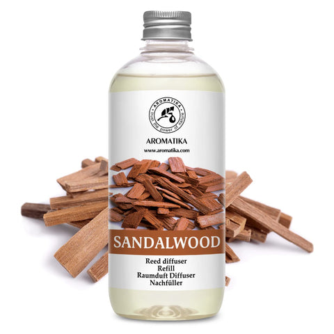 AROMATIKA sandalwood refill bottle close-up highlights premium 500ml diffuser.