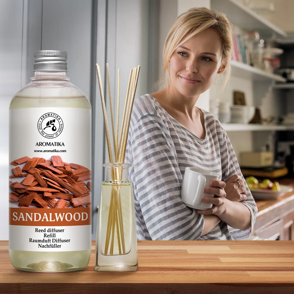AROMATIKA sandalwood refill packaging demonstrates easy use and compatibility.