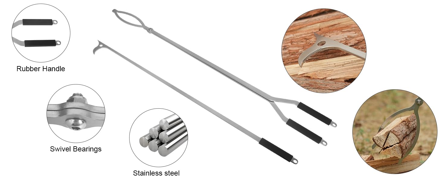 AROPAD fire pit tongs head closeup shows precise grabbing tip.