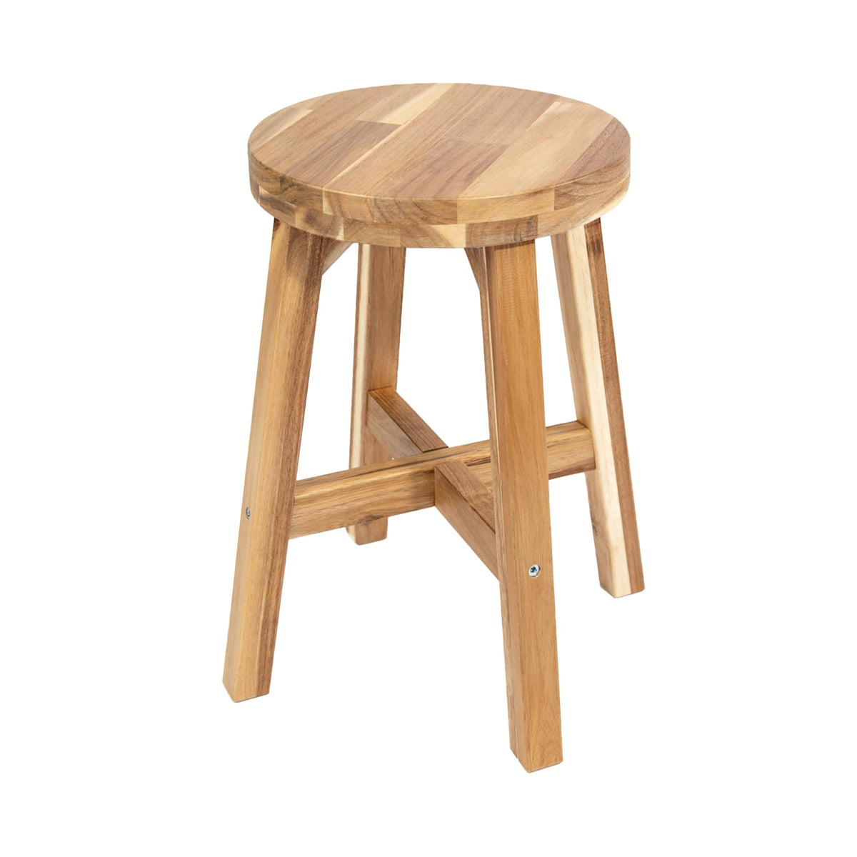 ARROWSTONE round stool in acacia wood adds warmth to dining spaces