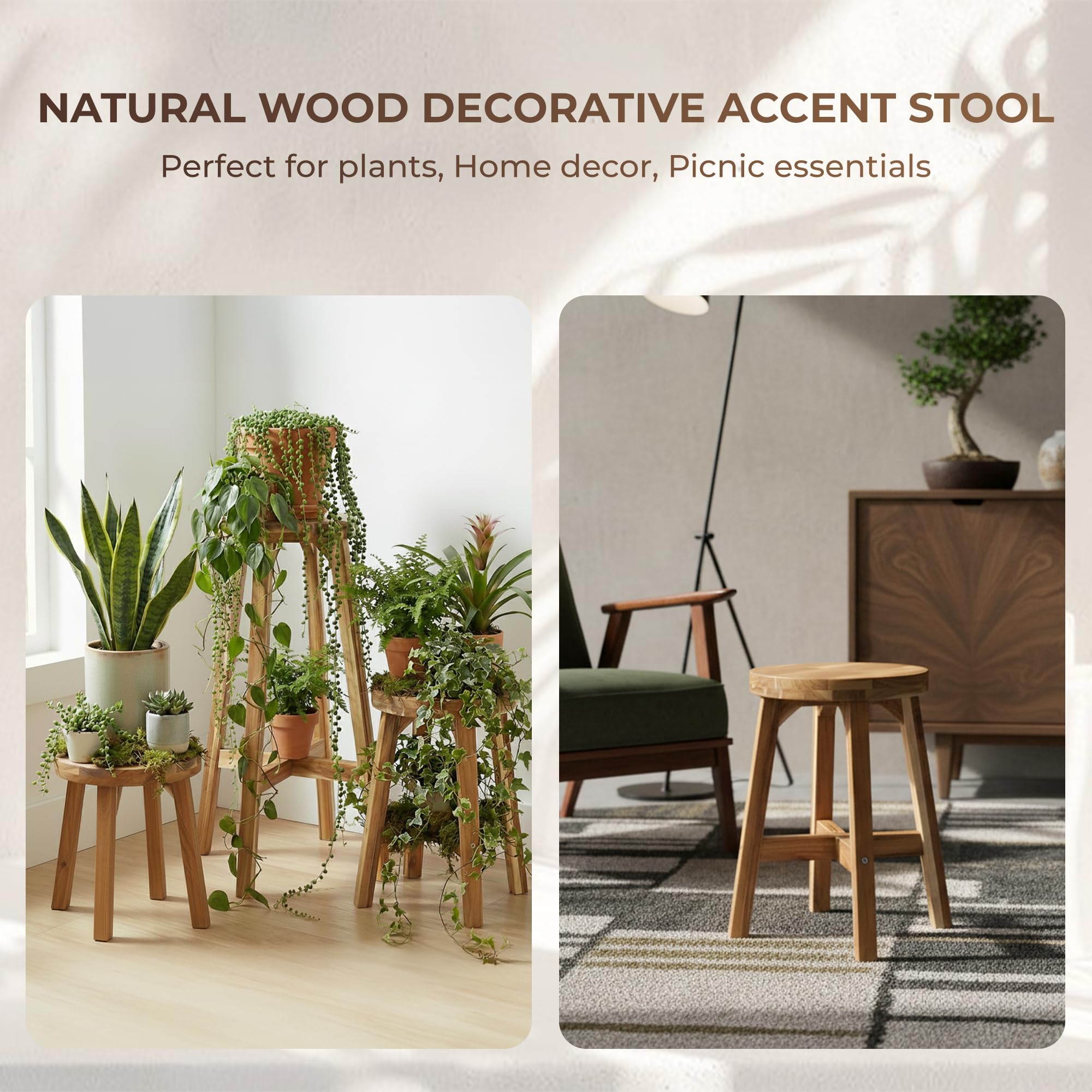 ARROWSTONE round stool used as a plant stand in a bright living area