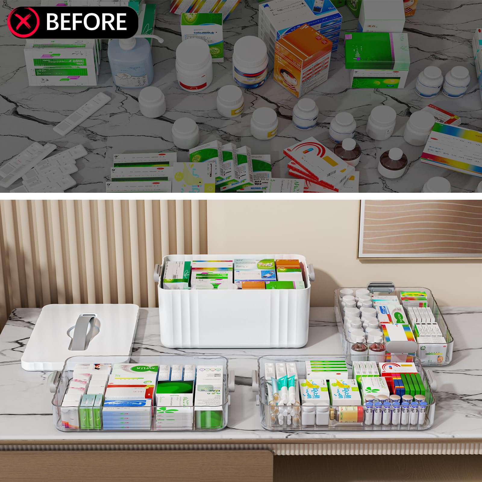 Adjustable four-layer design for daily meds and spare supplies.