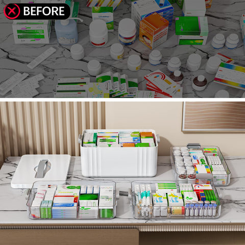 Adjustable four-layer design for daily meds and spare supplies.