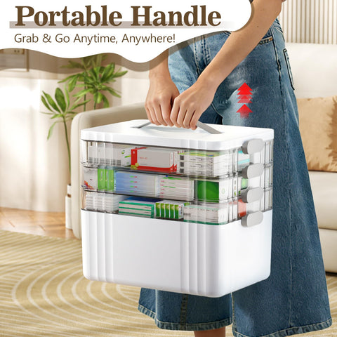 Portable medicine box with handle and secure lid for transport.
