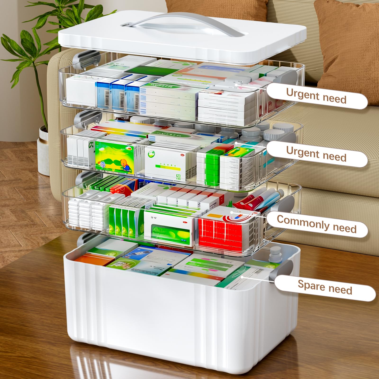 Transparent tray system keeps items visible and neatly arranged.