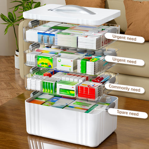 Transparent tray system keeps items visible and neatly arranged.