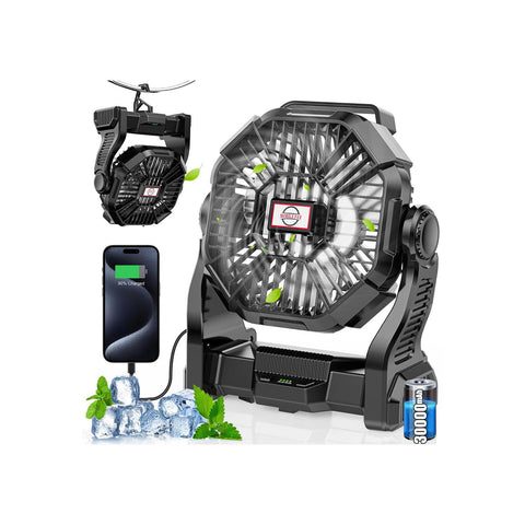 Art In Real 30000mAh camping fan with LED lantern, front view, portable cooling and lighting.