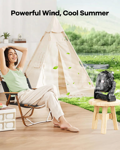 Art In Real 30000mAh camping fan with LED lantern, side view, shows dual charging ports.