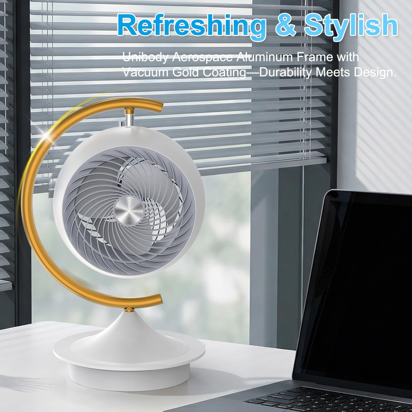 ART QIDOO compact desk fan fitting neatly on a small desk