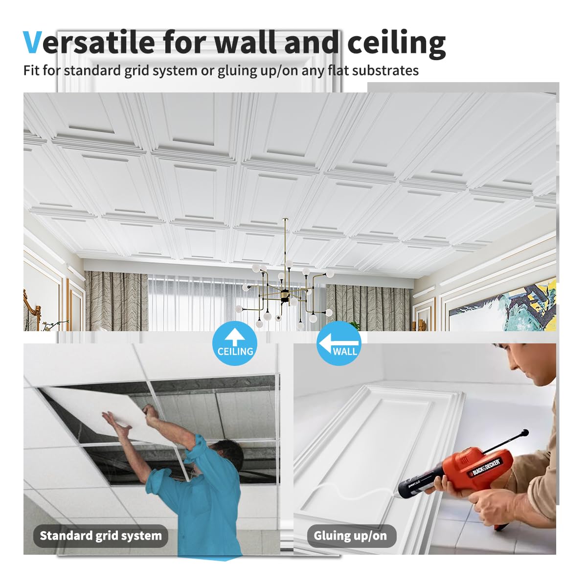 Art3d tiles multipurpose design suitable for ceilings and walls.
