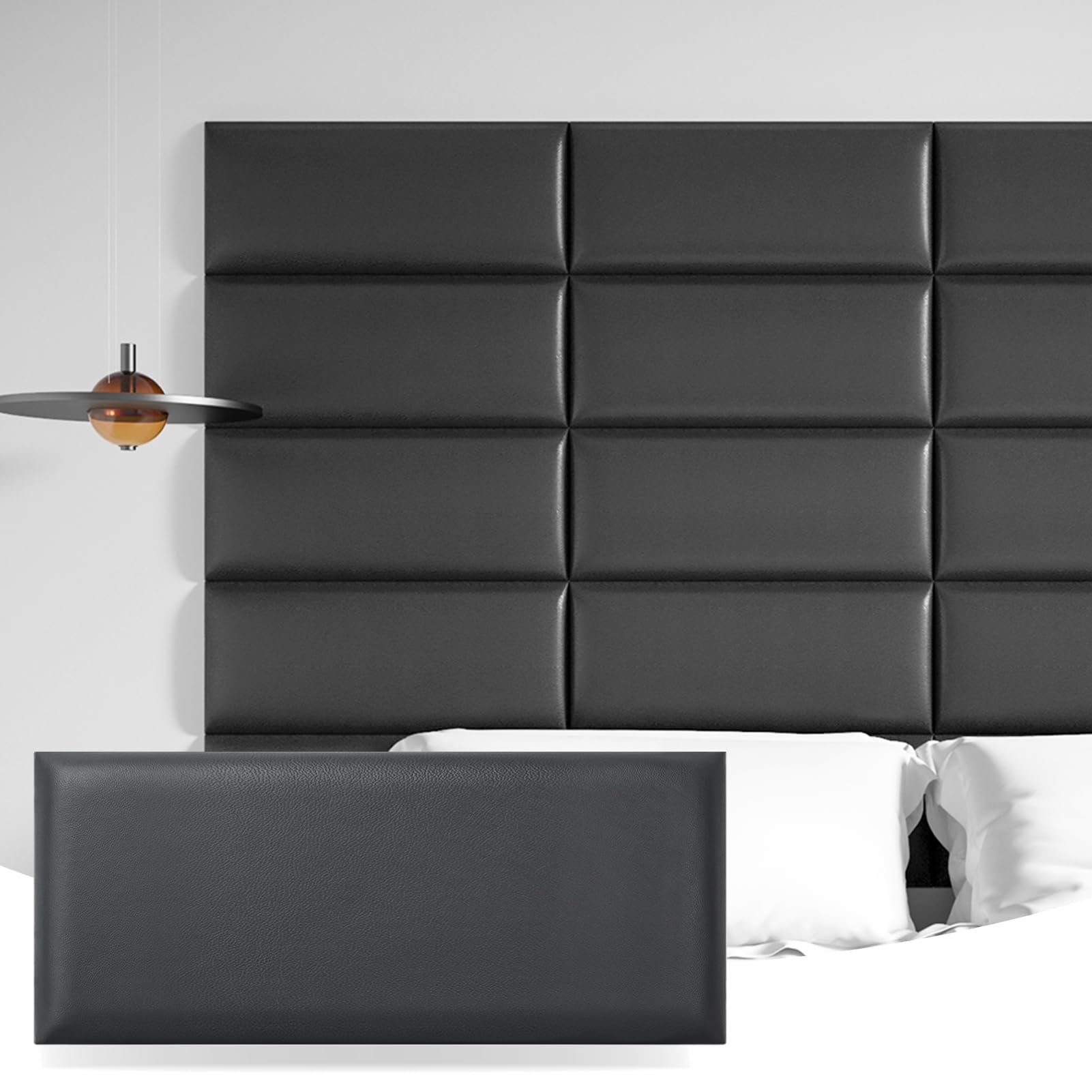 Art3d Peel and Stick Black King Headboard 12-Pack packaging shows an easy-to-hang system.