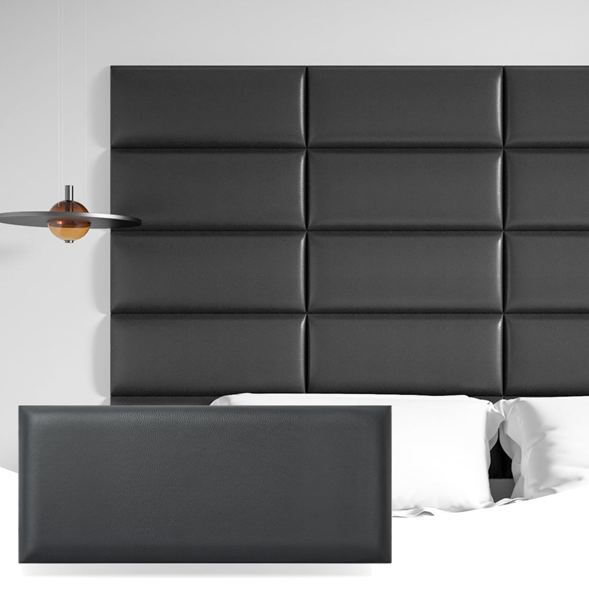 Art3d Peel and Stick Black King Headboard 12-Pack packaging shows an easy-to-hang system.
