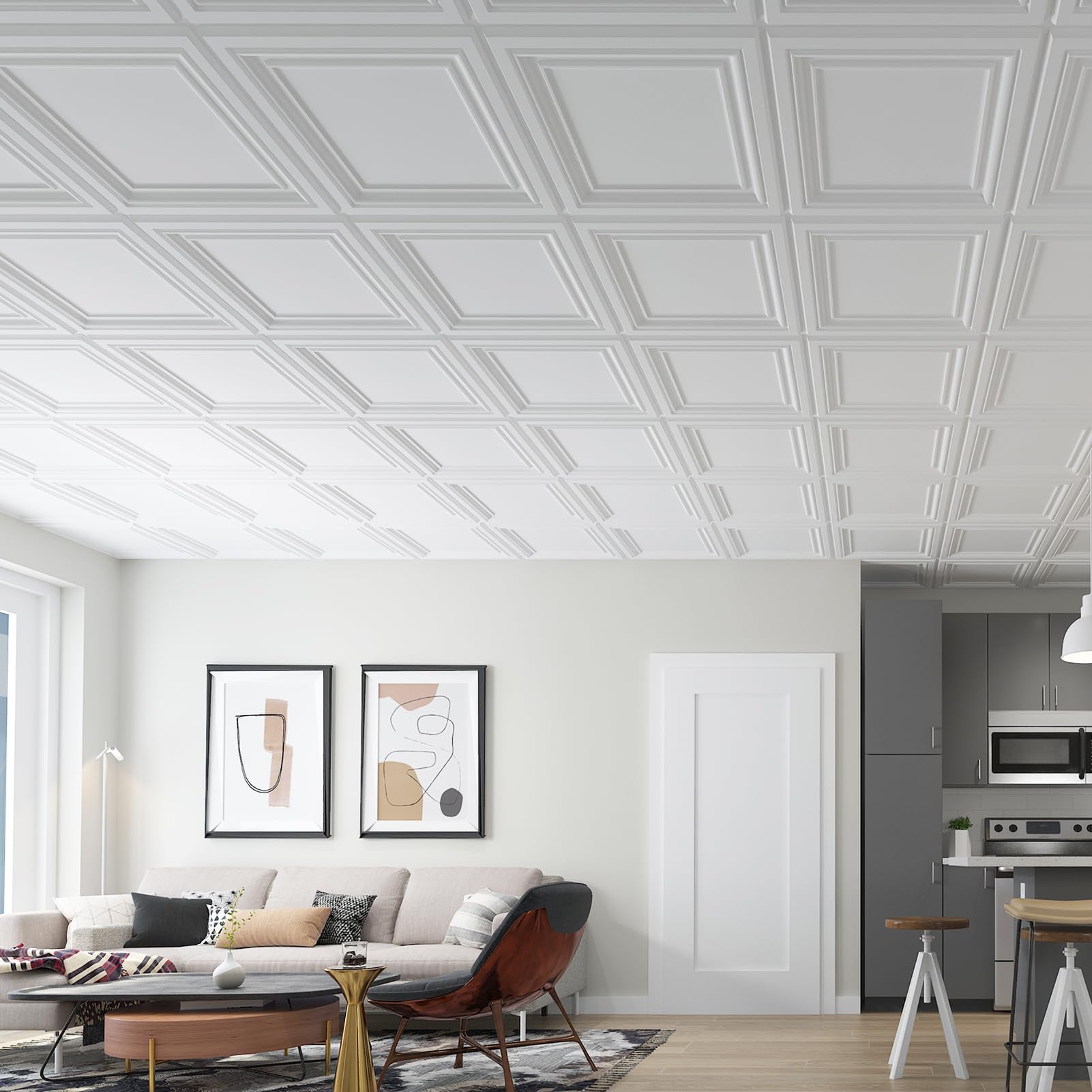 Art3d PVC ceiling tiles showing 3D white design for stylish ceilings