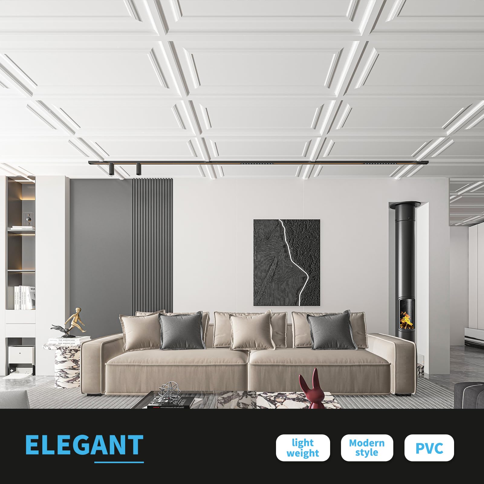 Art3d PVC ceiling tiles are waterproof and flexible for durability.