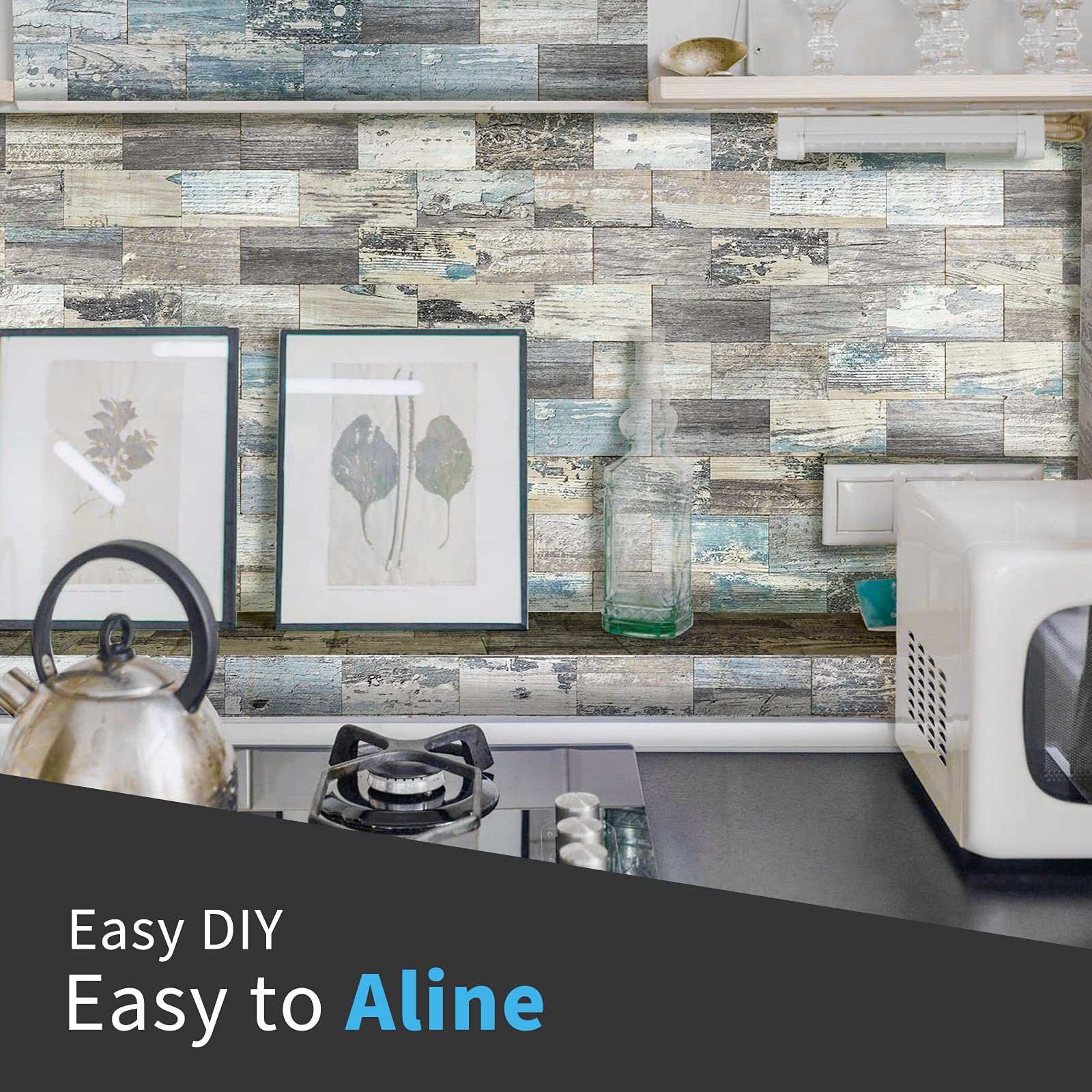 Art3d Spruce Grey Rustic kitchen installed backsplash demonstrates fast, mess-free installation.