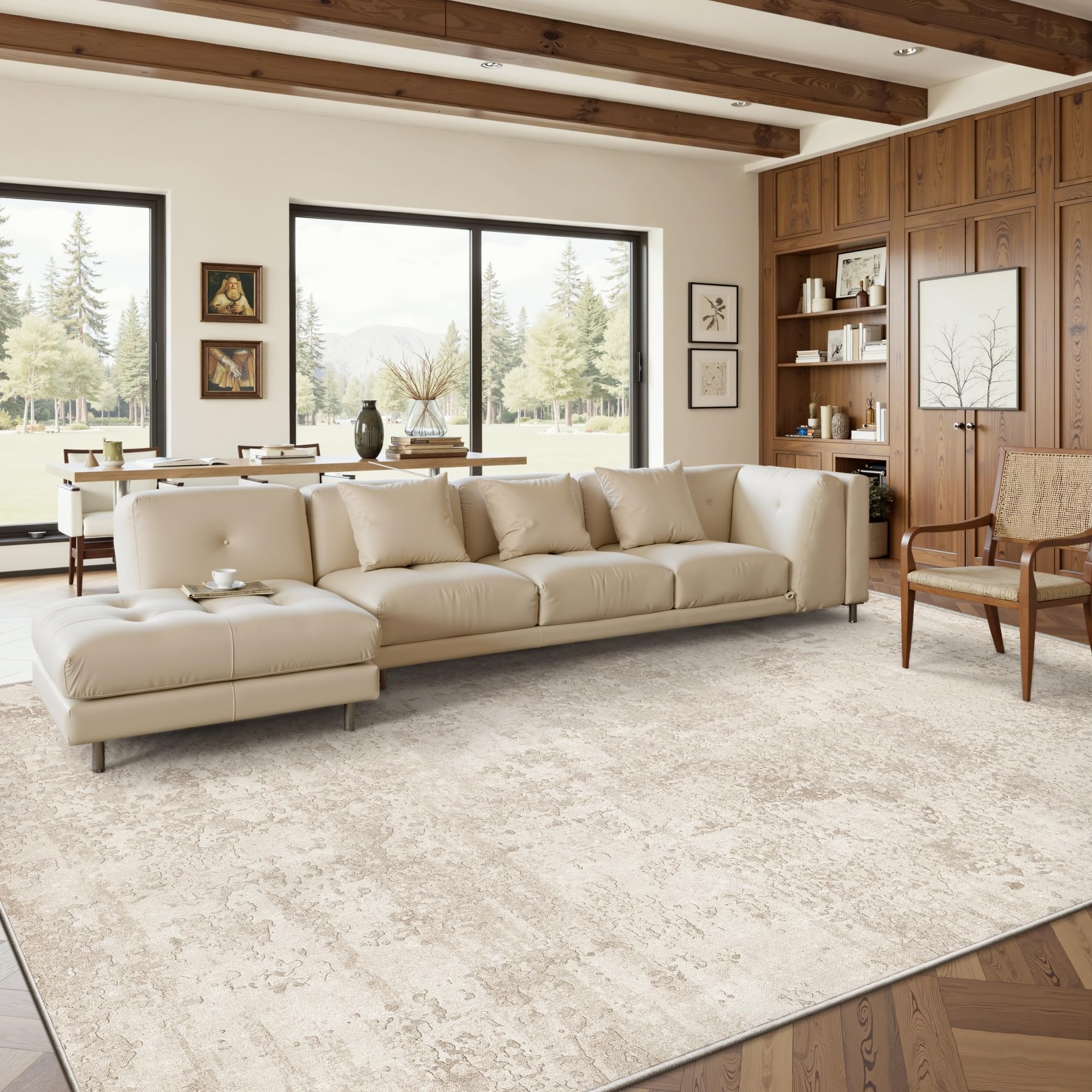 ArtandTuft abstract beige rug in living room setting adds cozy warmth.