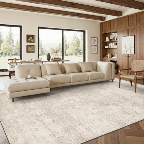 ArtandTuft abstract beige rug in living room setting adds cozy warmth.