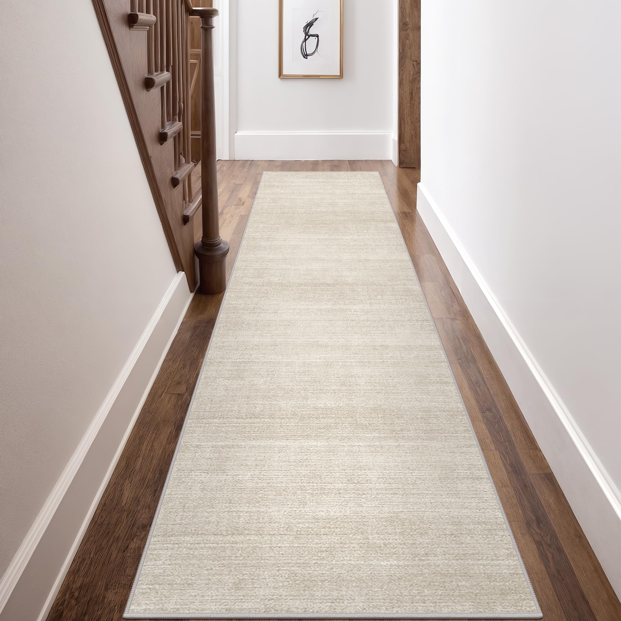 Art&Tuft soft distressed beige runner offers comfortable underfoot texture.