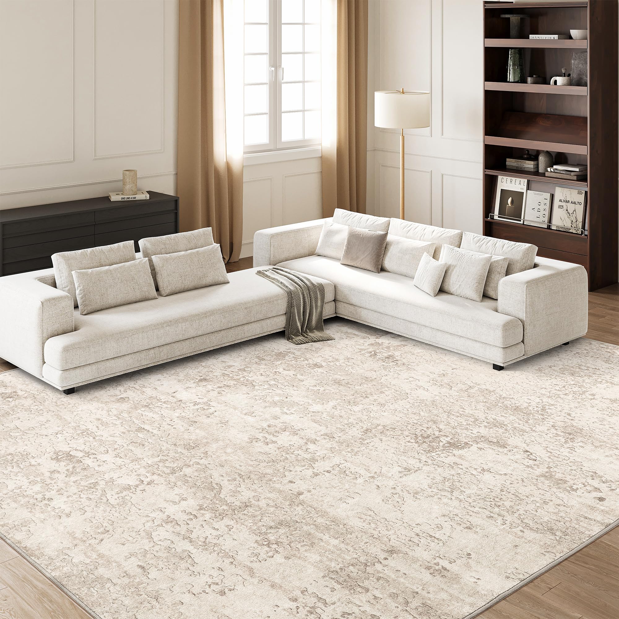 ArtandTuft washable rug 8x10 beige abstract design enhances living room style and comfort.