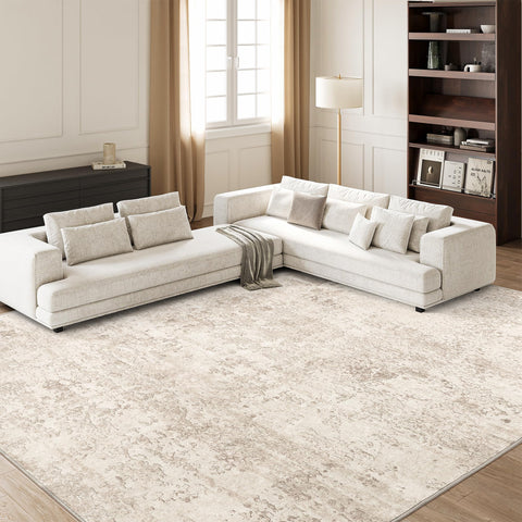 ArtandTuft washable rug 8x10 beige abstract design enhances living room style and comfort.