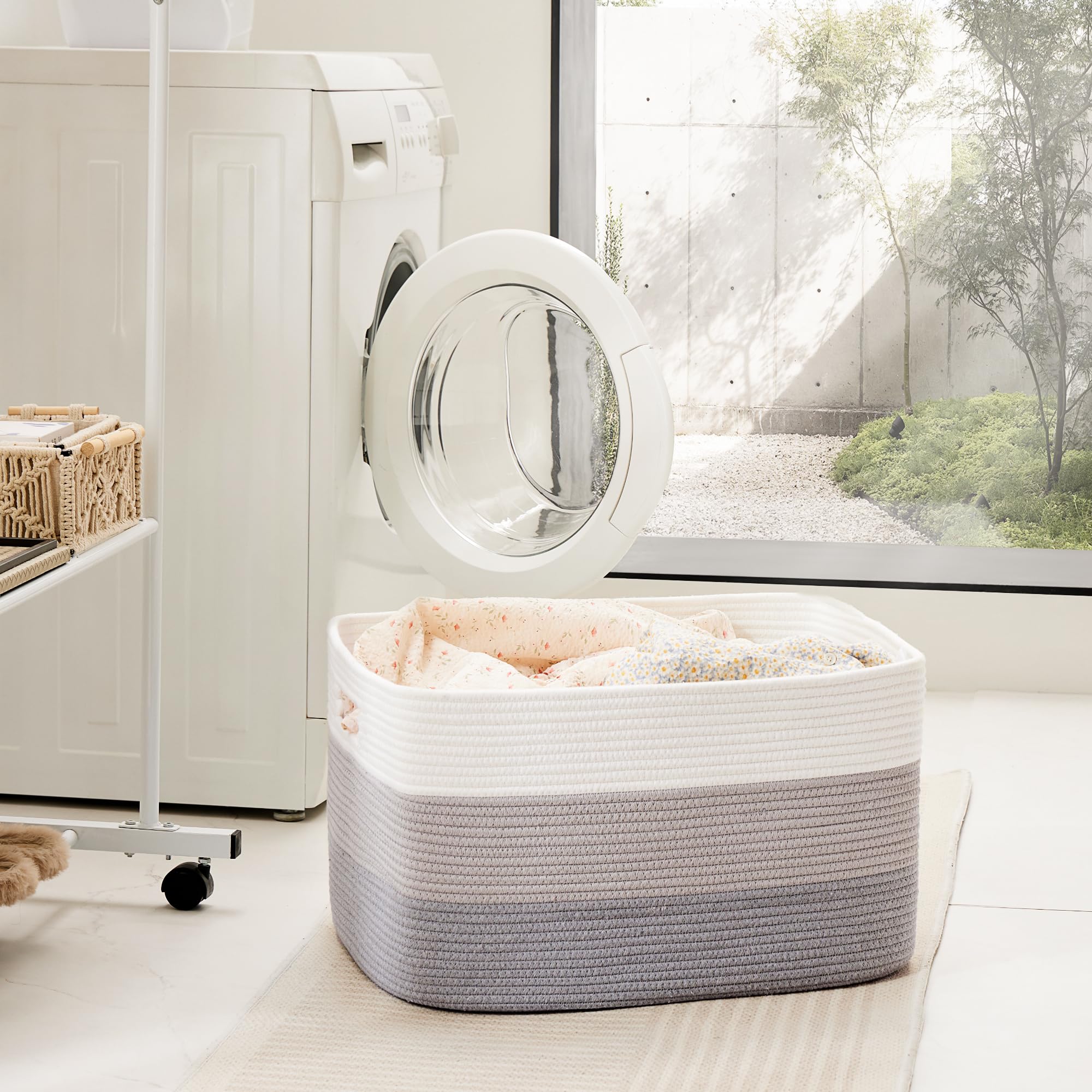 Artfeel rectangle woven basket used in living room for magazines and blankets.