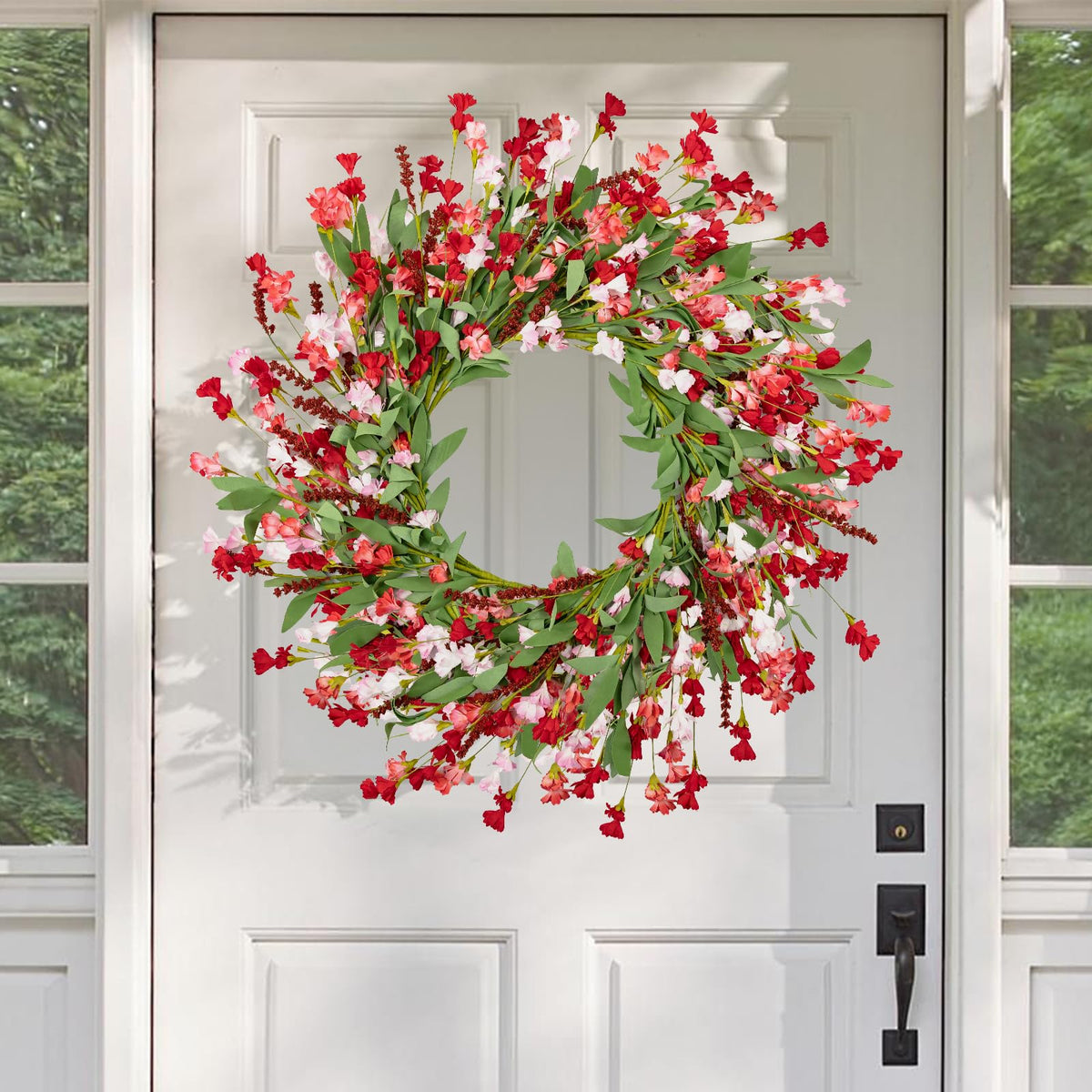 Artgar Front Door Wreath 24 Inch with red pink blossoms for year-round curb appeal