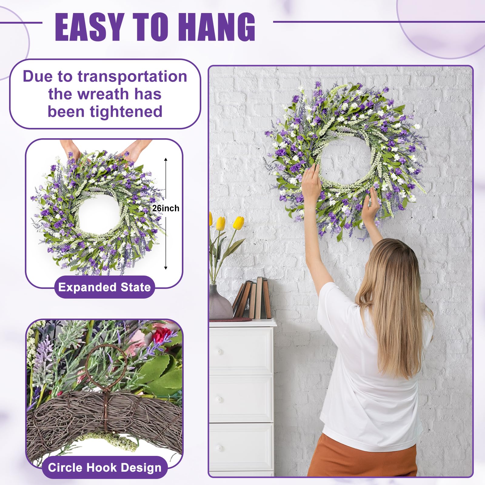 Artgar grapevine base wreath with lavender for sturdy outdoor use.