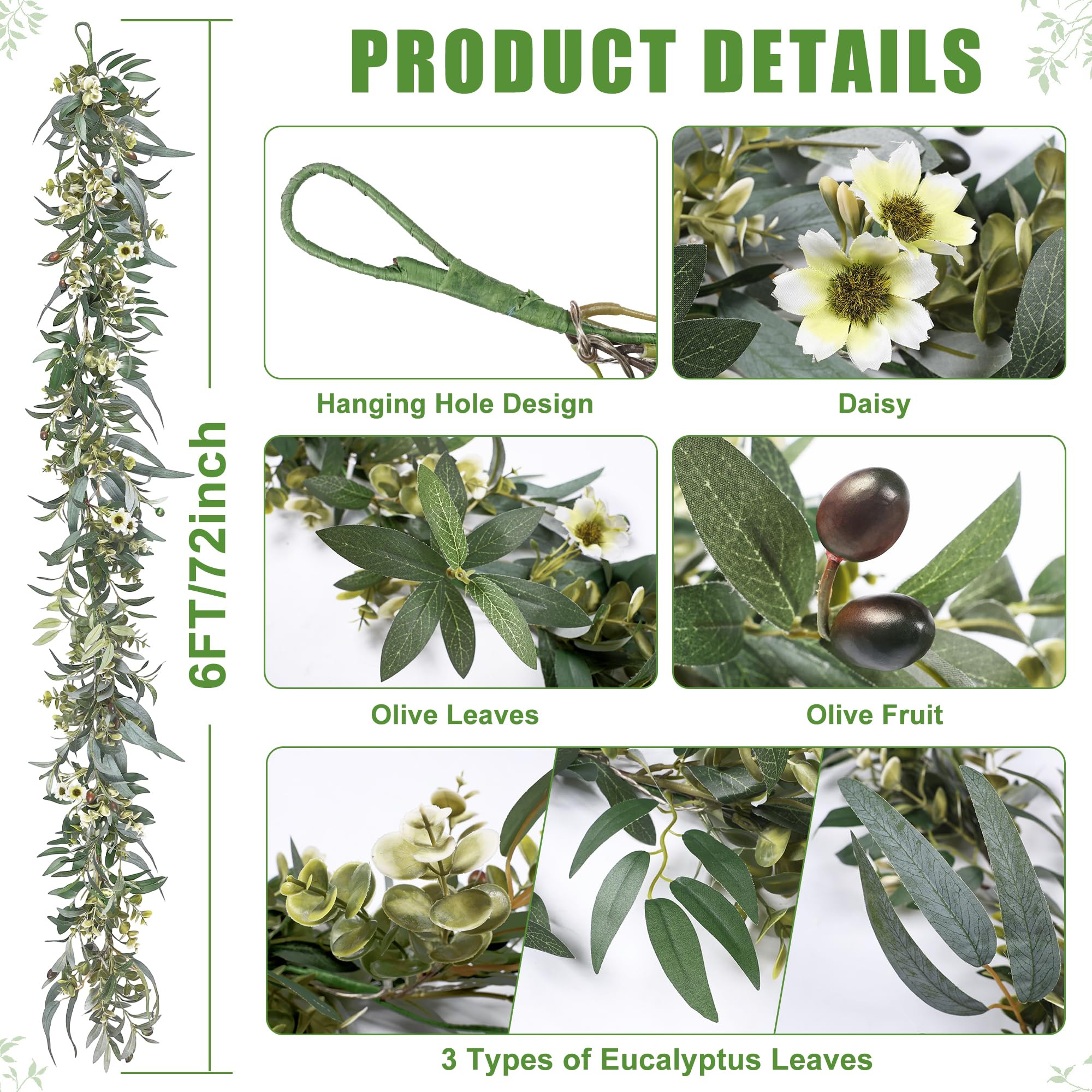 Artgar greenery garland with olive leaves and daisies adds lifelike texture.