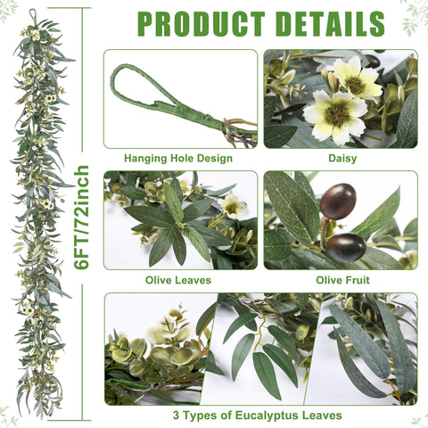 Artgar greenery garland with olive leaves and daisies adds lifelike texture.