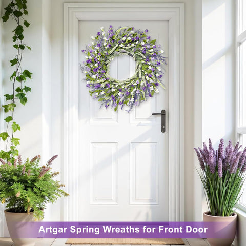 Artgar outdoor front door wreath placed in a covered area.