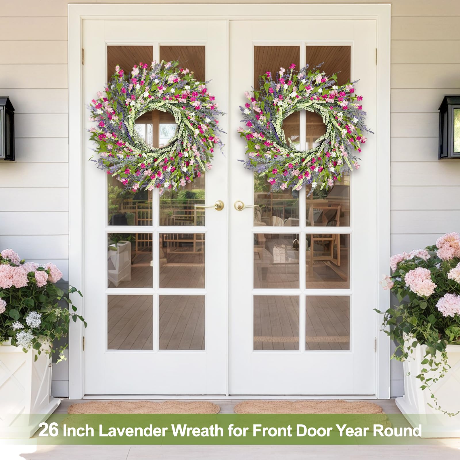 Oversized 26-inch wreath creates a dramatic entryway focal point.