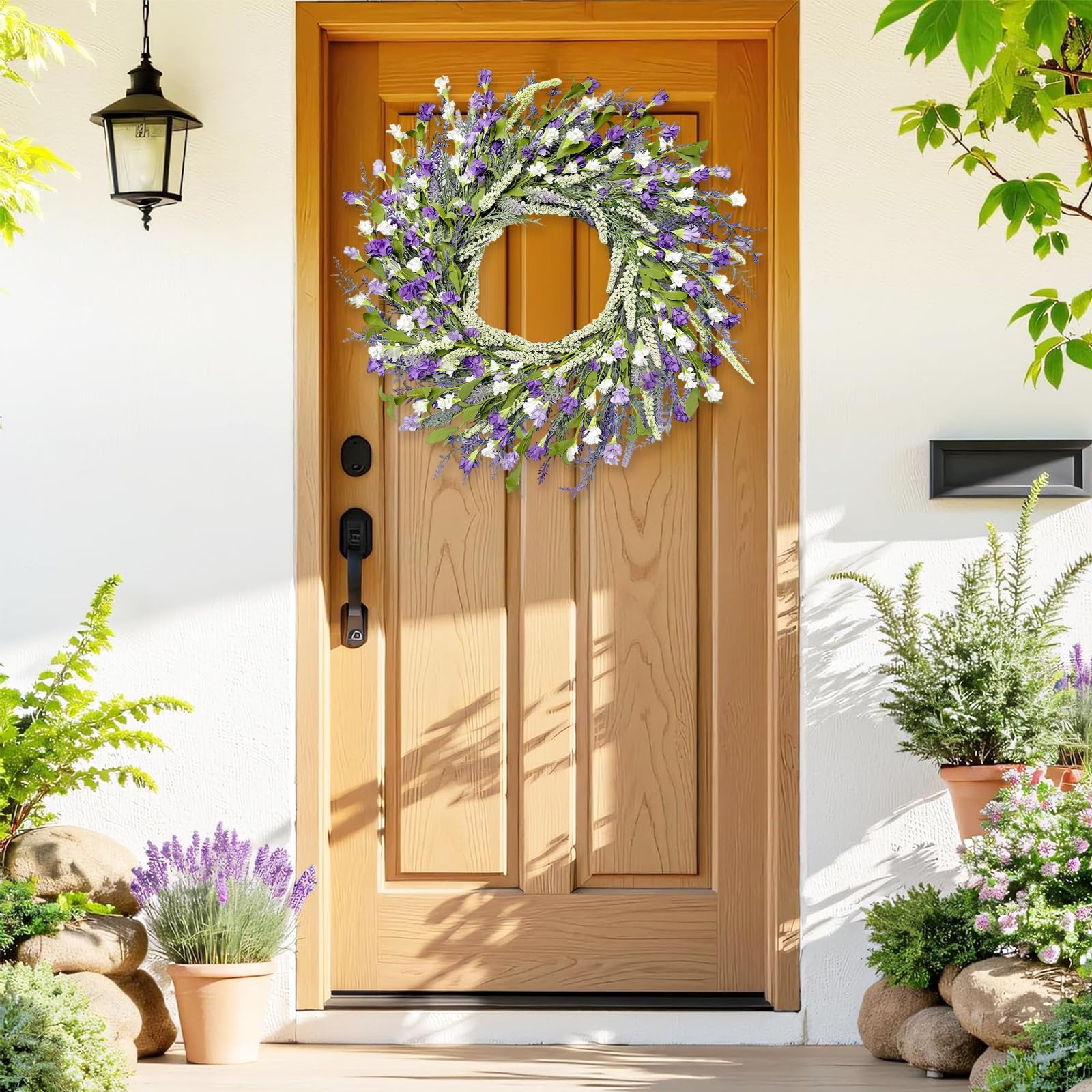 Artgar year‑round farmhouse decor wreath with lavender tones.