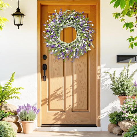 Artgar year‑round farmhouse decor wreath with lavender tones.