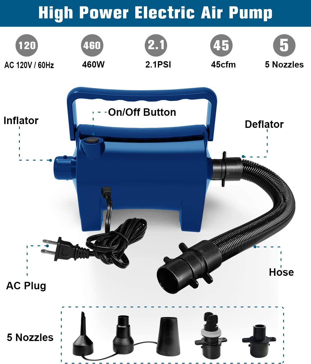 Artigarden air pump with five nozzles fits most inflatables for flexible use.
