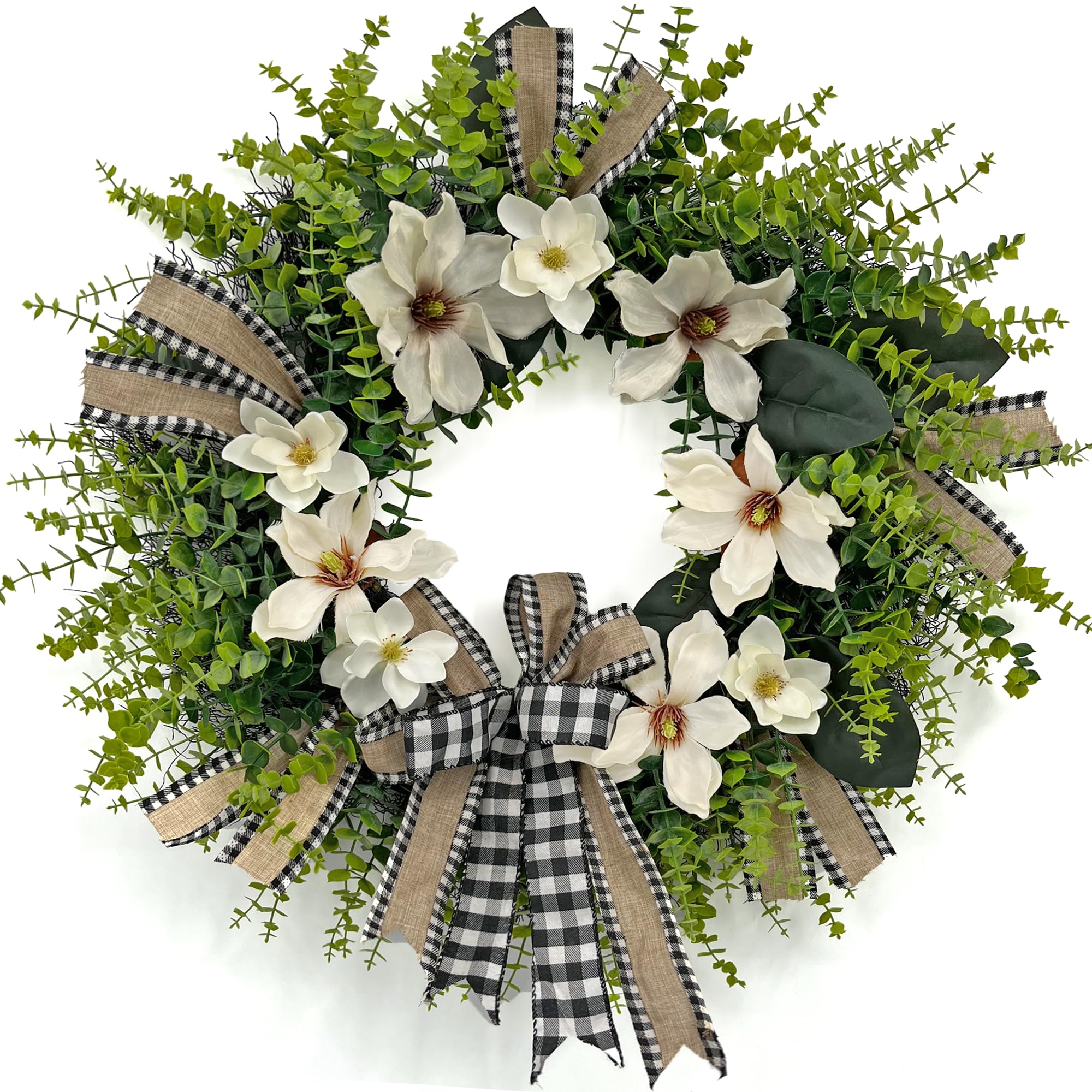 ARTINCRAFIO 24-inch Magnolia Wreath on front door enhances curb appeal.