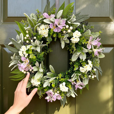 ARTINCRAFIO 24-inch pastel purple and white eucalyptus wreath for front door with year-round curb appeal