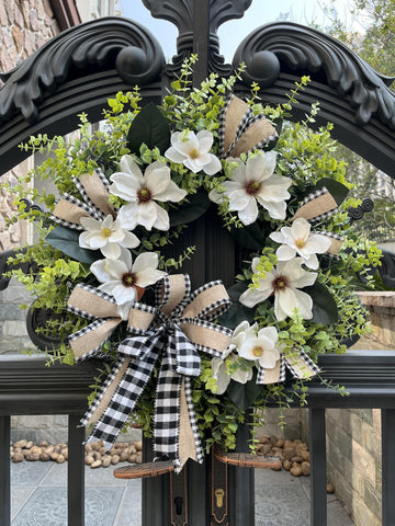 ARTINCRAFIO magnolia blooms with boxwood detail create lush wreath presence.