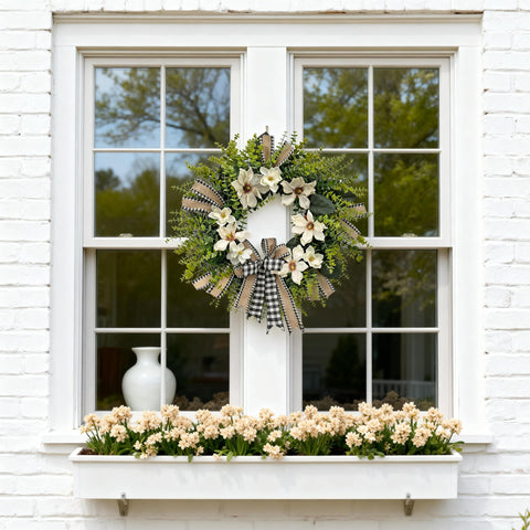 ARTINCRAFIO wreath displayed above mantel for stylish focal point.