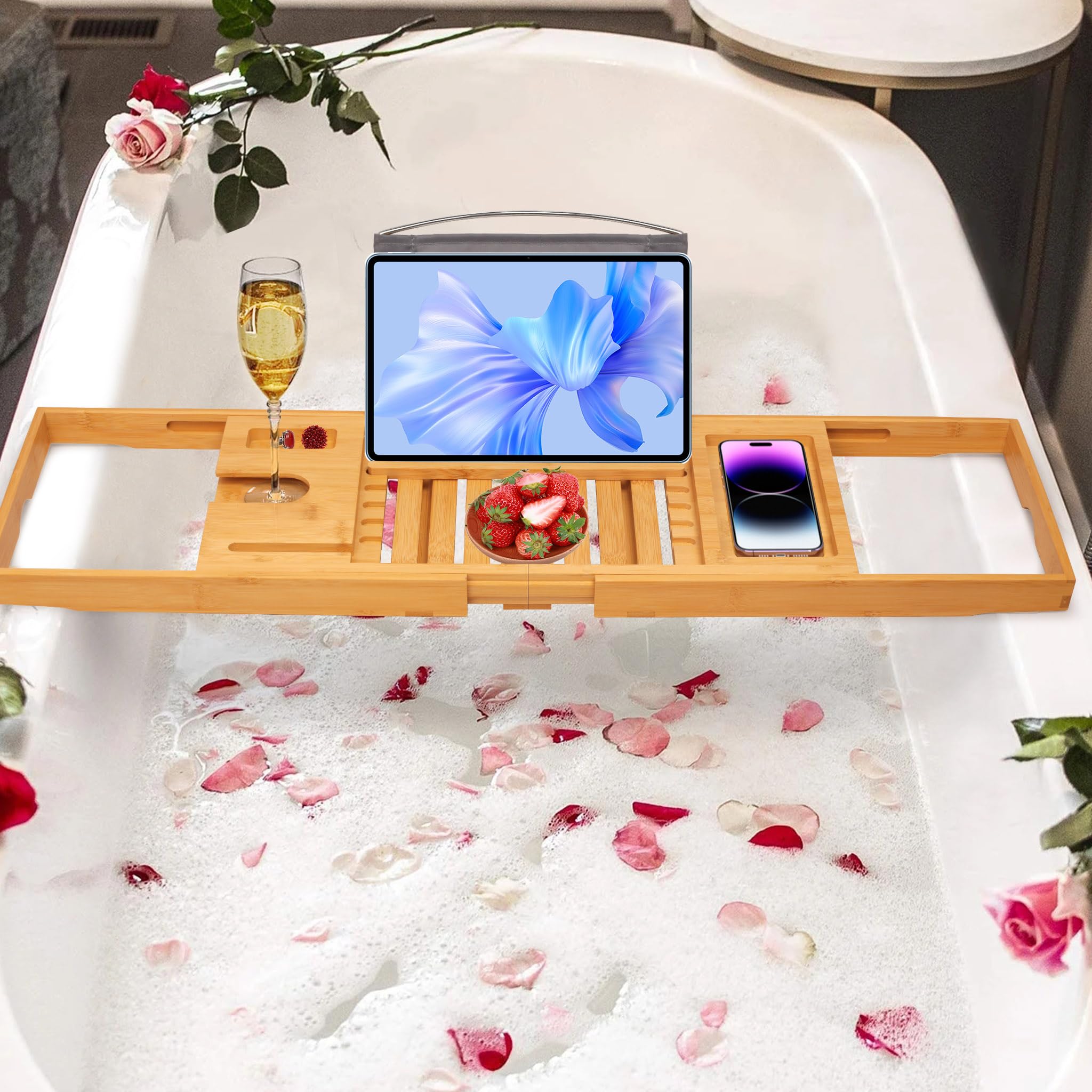Artmalle bath tray showing adjustable reading angles for books or tablets