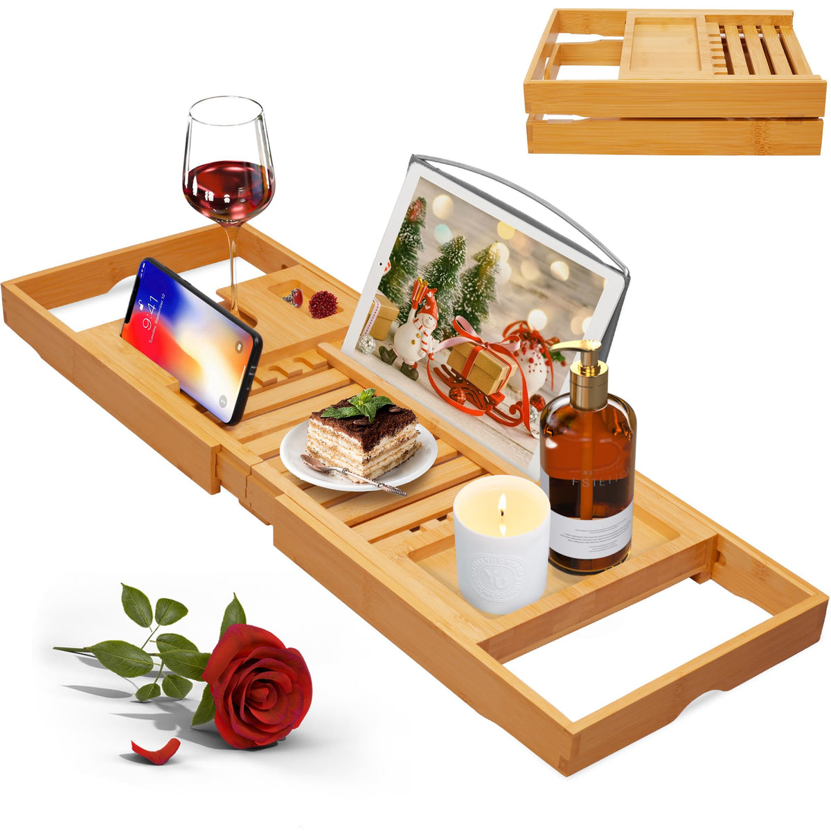 Artmalle luxury bathtub caddy foldable bamboo tray with built-in book and wine holder